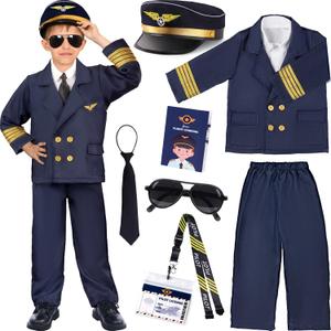 Latocos Pilot Aviator Costume for Kids Boys Ages 3-12 Airline Captain Uniform Career Day Dress Up Birthday Halloween Cosplay (T(4-6))