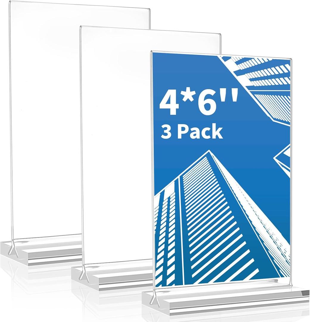 Acrylic Sign Holder 4x6 Inch, 3 Pack Sign Holders Vertical , Double Sided Display Clear TableTop Sign Holder, Acrylic Paper Holder for Wedding Reception, Party Decoration, Numbers Picture Frames