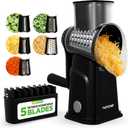 NutriChef 5 in 1 Cheese Grater & Shredder | 5 Different Blades for Thin, Thick, Julienne Strips, Wavy, & Straight Strips | Includes Hand Crank, Strong Suction Base & Storage Container | Black