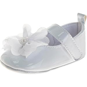 Josmo Baby Girl Dress Shoes Soft Sole Flats Crib Shoes Bowknot & Floral Design for Newborn & First Walker Sandals Size 2-4 Infant (White)