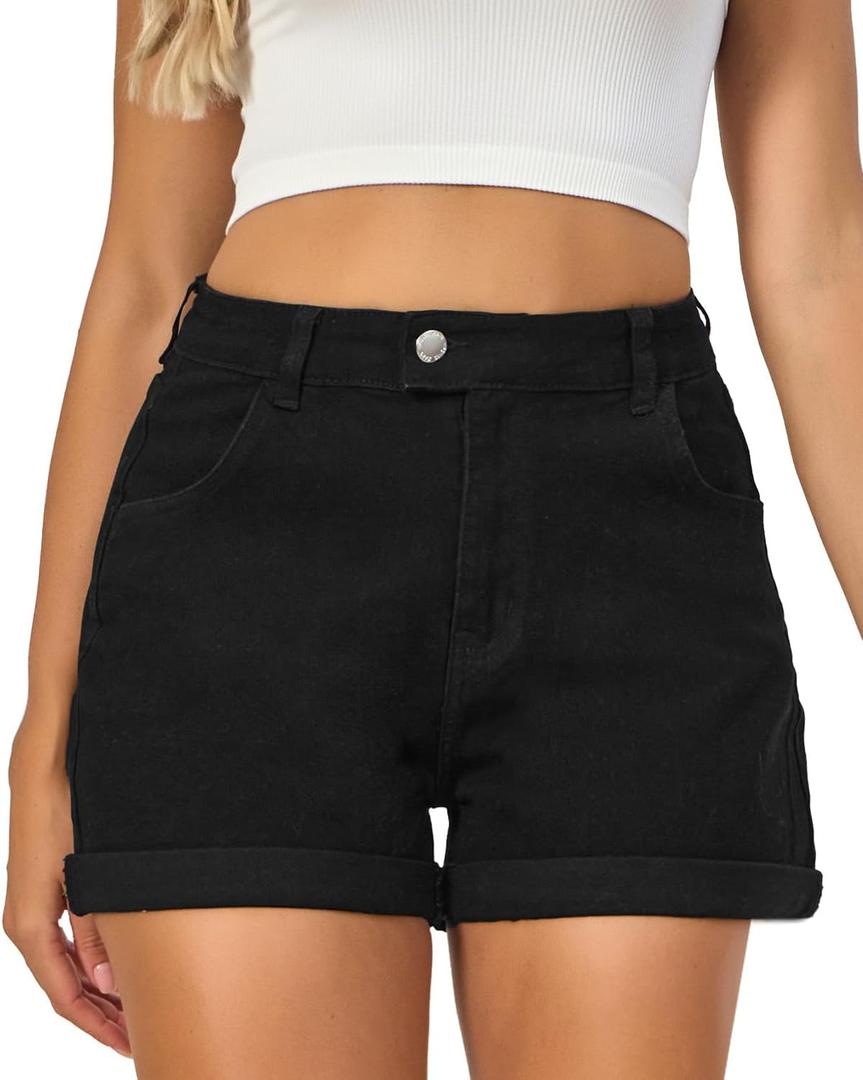 VIPONES Denim Shorts Women Stretchy High Waisted Fold Hem Jean Shorts 3.5 Inch Inseam Casual Summer Hot Shorts (Black, L)