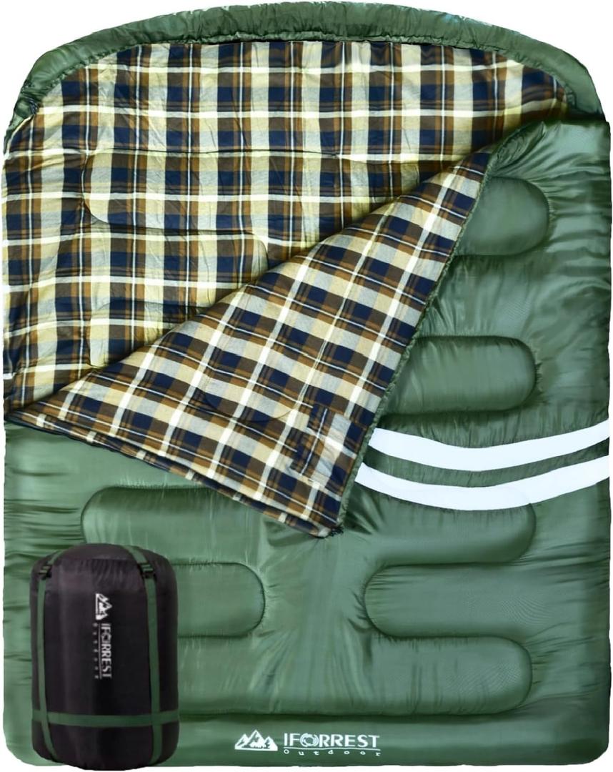 IFORREST Double Cotton Flannel Sleeping Bag for Adults Extra-Wide 2-Person 10F Cold Weather Camping Bed, Warm Queen XXL Size, Extra-Large, Double