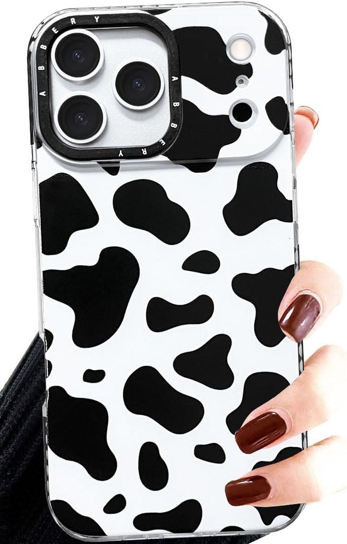 Abbery for iPhone 17 Pro Case Cow Print Clear with Kawaii Design Women Cute Girly Aesthetic Soft TPU Slim Fit Shockproof Black and White Animal Print Protective Phone Case for iPhone 17 Pro