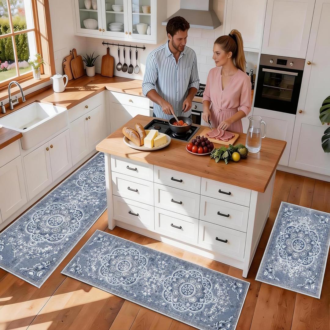 Boho Kitchen Rug Set, 3pcs Non Slip Bohemian Kitchen Rug, Washable Kitchen Floor Mat, Indoor and Outdoor Entryway Floor Mat, Foot Mat, Living Room Area Rug, Home Decoration (Blue Flower)