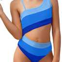 Girls One Piece Swimsuit Color Block One Shoulder Bathing Suit Cut Out Swimwear 11-12Y 