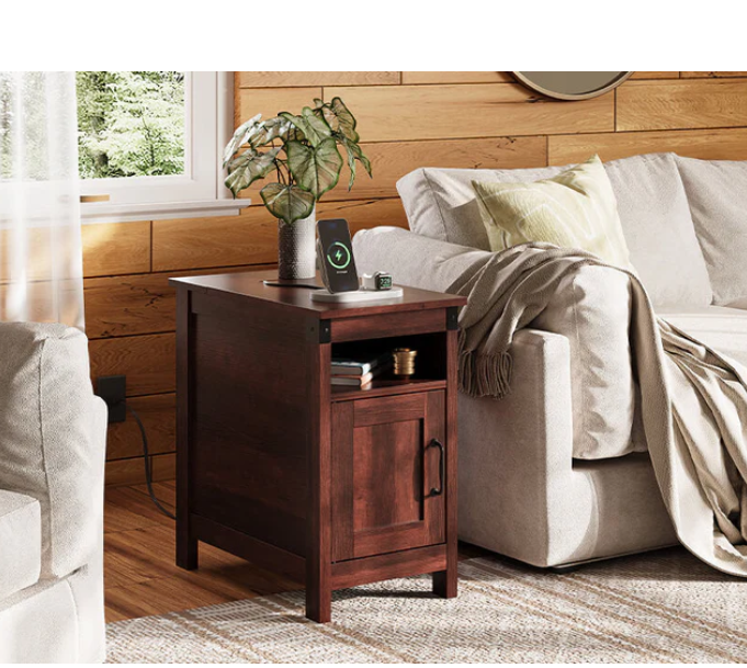 WLIVE End Table with Charging Station, Narrow Side Table for Living Room, Farmhouse Night Stand with Storage, Small Wooden Cabinet with USB Ports and Outlets for Living Room and Bedroom, Espresso