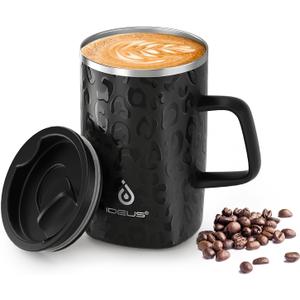 Ideus Vacuum Insulated Coffee Mug, 16oz Reusable Stainless Steel Thermal Double Walled cup with Handle and Slider Lid for Hot & Cold Beverages, BPA Free (Leapord Black)