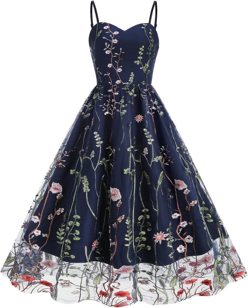 Women Keyhole Floral Embroidery Dress Sheer Mesh Illusion Vintage Cocktail Swing Dress Wedding Party Prom Tulle Evening Dress (Blue, XXL)