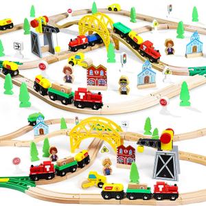 TOY Life Wooden Train Set 60pcs with Magnetic Crane, Wooden Train Tracks Toys for Toddlers Boys Girls 3 4 5, 3 Year Old Boy Gift, Wood Toys Toddler Train for Kids 4-8 - Fits Thomas Brio Chuggington