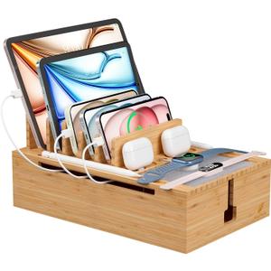 Pezin & Hulin Bamboo Charging Station, Electronic Devices Organizer for Multiple Devices Charger Such As Cell Phone, Tablet, Watch and More, Natural, (No USB Charger and Cables)