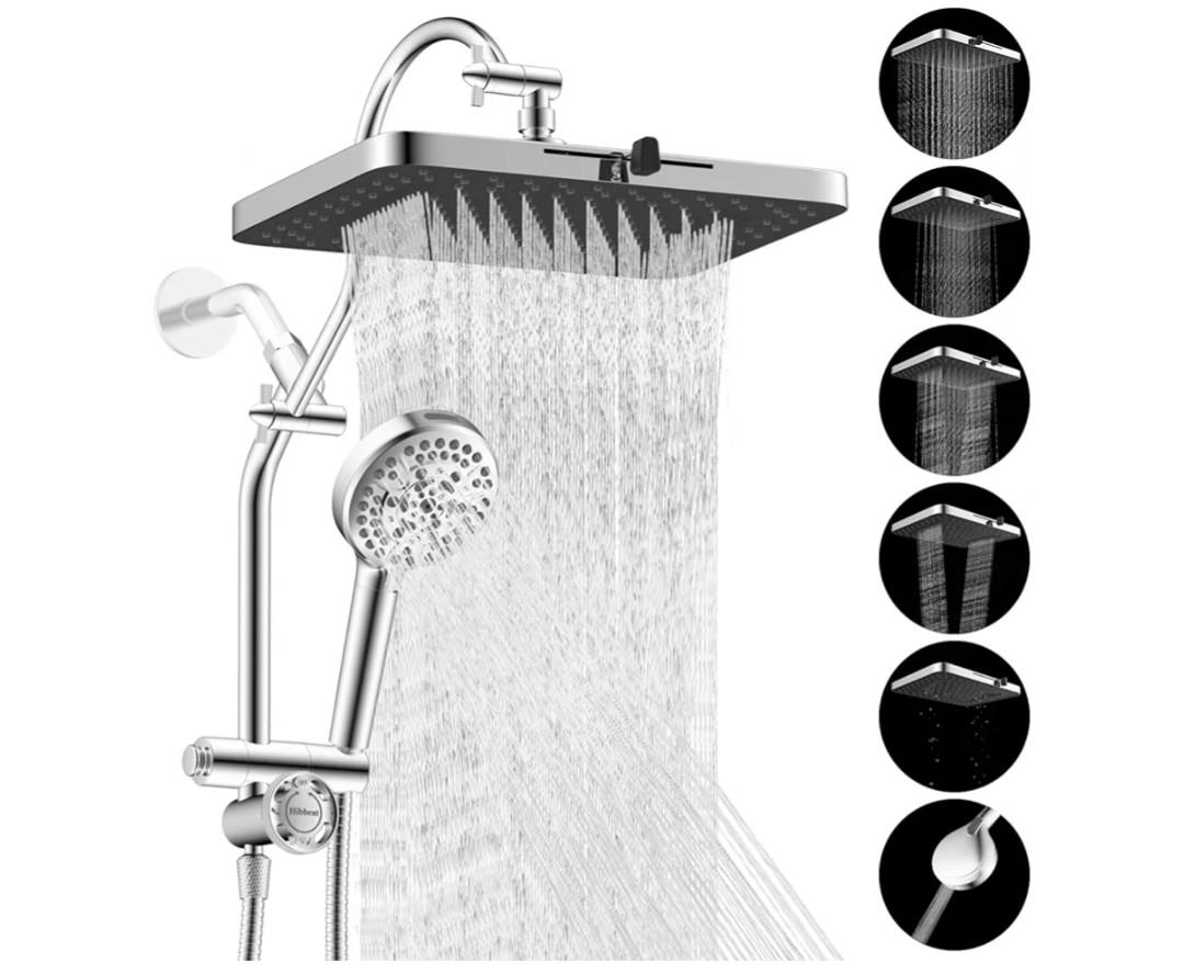 Hibbent Upgraded 13'' Shower Head Combo, High Pressure 5 Spray Rainfall Showerhead, 10 Spray Mode Handheld, All Metal Easy Reach 4-way Diverter Shower Arm with Pause Mode, 71'' Hose and Holder, Chrome