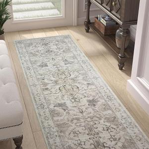 jinchan 2' x 5' Washable Runner Rug Vintage Floral Pattern Non-Slip Low Pile Soft Thin Distressed Runner Carpet for Farmhouse Bedroom Entryway Laundry Room (Taupe)