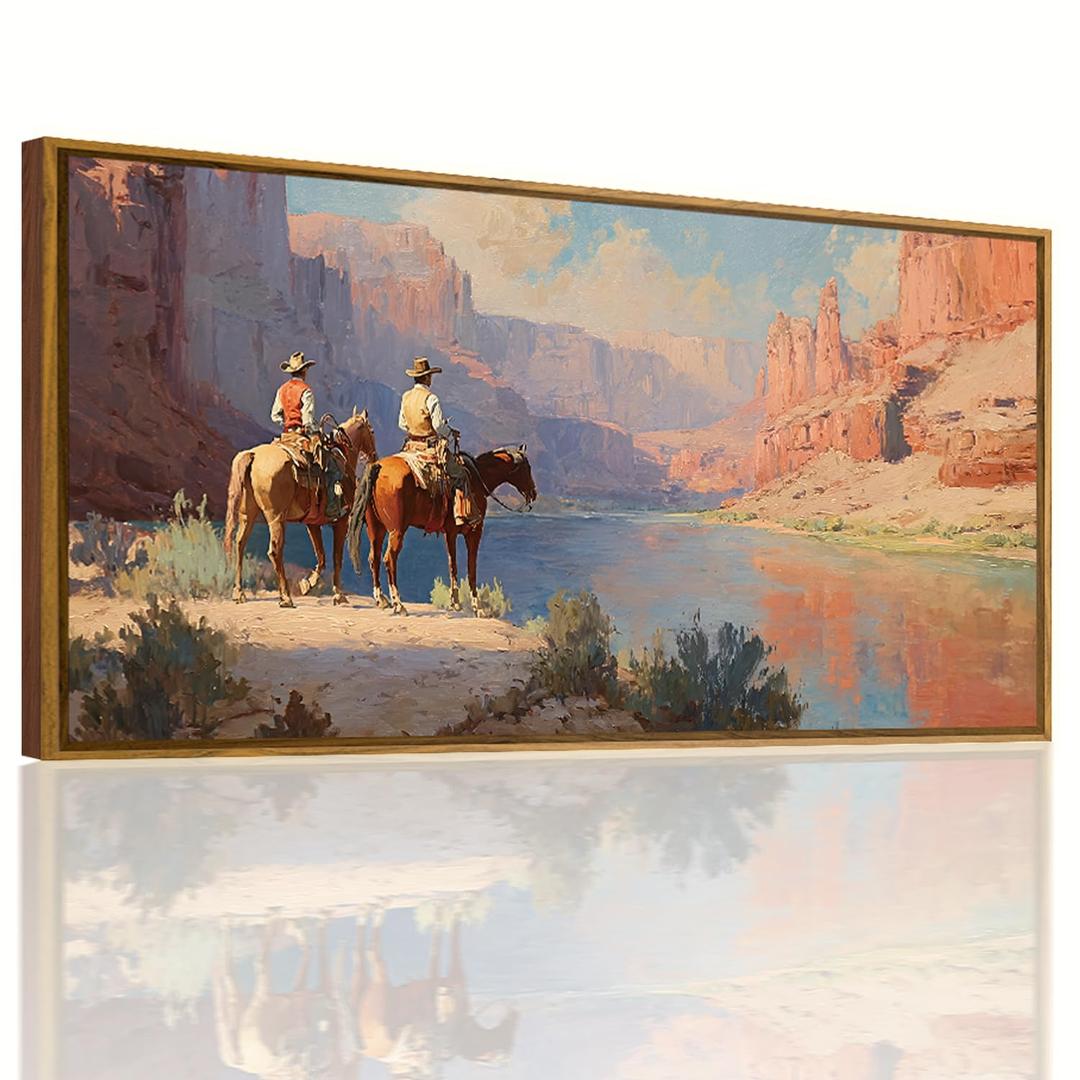 QTUSYUR Western Cowboy Wall Art Framed Rodeo Horseback Riding Desert Print, size 39"/20"