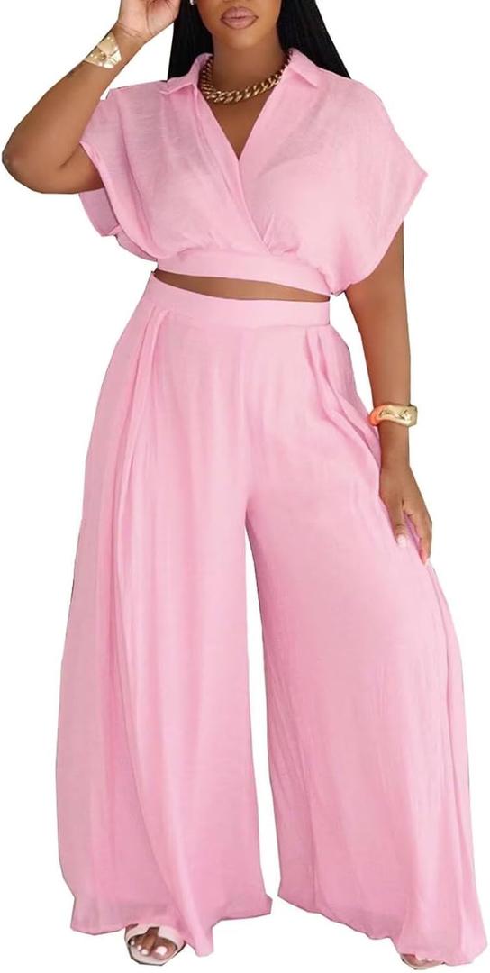 KEYUFANG Women's Summer 2 Piece Outfits Wrap V Neck Crop Top and Wide Leg Pants Sets Casual Vacation Outfits (XX-Large, Pink)