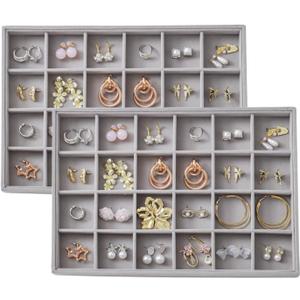 Large Velvet Jewelry Tray 2 Pack Stackable Jewelry Display Drawer Inserts Trays Organizer for Earring Bracelet Necklace Ring (Gray, 24 Grids)