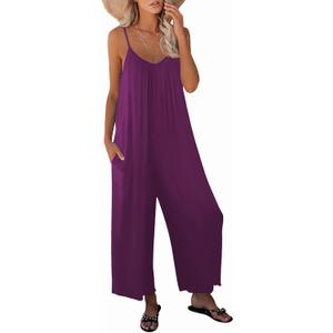 Womens Casual Sleeveless Strap Loose Adjustable Jumpsuits Stretchy Long Pants Romper with Pockets (Purple, XXL)