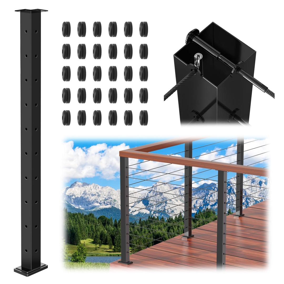 Zylorix 36" T304 T-drilled Cable Railing Corner Post(Post 35"x2"x2"), Modular Three Sides Wire Railing Post with Cable Grommets, Fixed Top Mount Stainless Steel Black Finish Deck Staircase Post