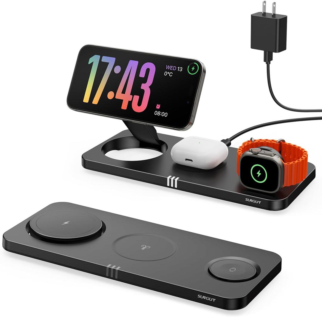 3 in 1 Wireless Charging Station for Apple Dvices,15W Fast Magnetic Charger, Foldable Travel Mag-Safe Charger Stand for iPhone 16/15/14/13/12 Pro Max Plus, iWatch S10/Ultra - S2, AirPods 4/Pro/3/2 (Black)