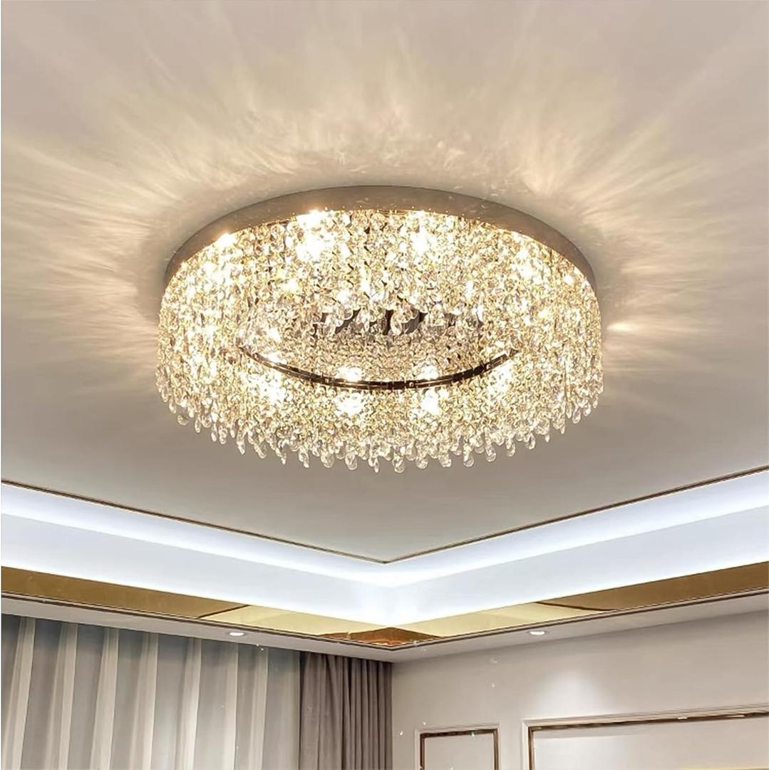 Modern Crystal Chandelier D24 Round Flush Mount Crystal Ceiling Light Chandeliers Chrome Chandelier Lighting Fixtures for Living Room Dining Room Bedroom