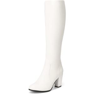 DREAM PAIRS Women's Chunky Heel Knee High Boots (10, White/Pu)