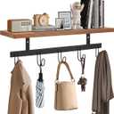 Livabber Wall Mounted Coat Rack with Wooden Shelf, Heavy Duty Wall Hanging Storage with 5 Metal Hooks for Bathroom, Entryway, Living Room, Bedroom (Black)