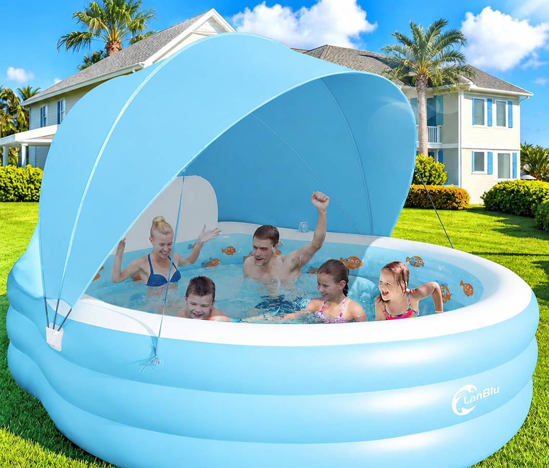 2026 Extra Large Upgraded Inflatable Pool with Canopy,Inflatable Family Lounge Pool,Round Blow Up Pool for Adult with Bench&Backrest,Swim Center Easy Backyard Pools for Kids & Adults90*90"*80"