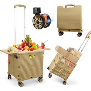 FELICON SELORSS Folding Utility Cart Portable Rolling Crate Handcart with Magnetic Sliding Lid Telescoping Handle Plastic Box Dolly 360Swivel Wheels for Travel Shop Move Office Teacher Khaki, BY10-Magnetic Extended Lid 