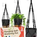 Black Hanging Self Watering Pots with Macrame Black Rope, 3 Pack Indoor & Outdoor Hanging Plant Pots with Built-in Reservoir, Wick Rope, Drainage Holes & Hooks, Stylish Boho Decor Hanging Planter