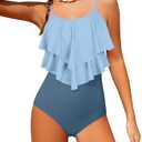 Tomolant Girls Swimsuit Color Block One Piece Swimsuit 2-Tiered Ruffle Bathing Suit Adjustable Strap Girls' Swimwear 11-12Y