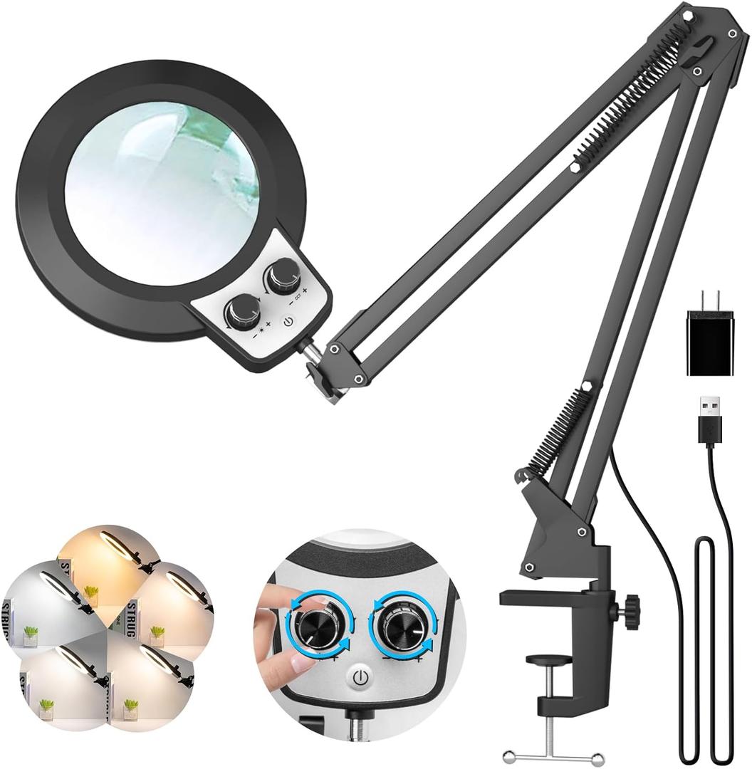 KIRKAS 12X Magnifying Glass with Light and Stand, Overhead Knob Magnifying Lamp for Workbench Craft, Sewing, LED Lighted Magnifier Real Glass Lens Adjust Arm Stepless Dimming and Color(22in Clamp)