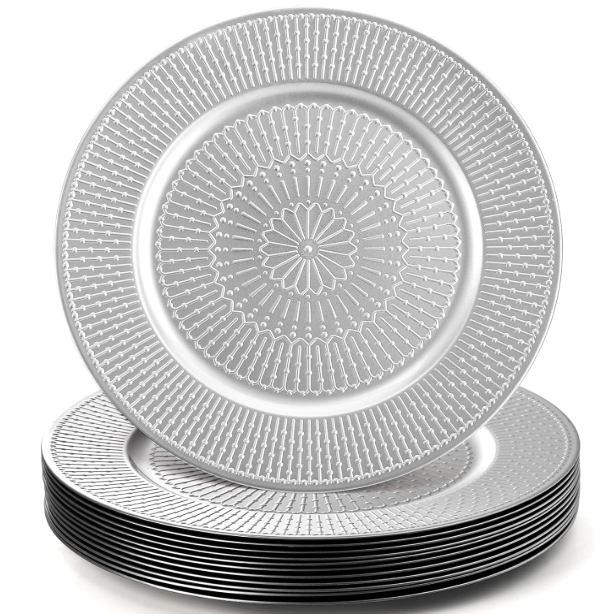 DEAYOU 12 Pack Silver Charger Plate, 13inch Beaded Chargers for Dinner Plates, Plastic Reusable Round Charger Platters for Wedding, Party, Event, Table Setting, Decoration, Holiday
