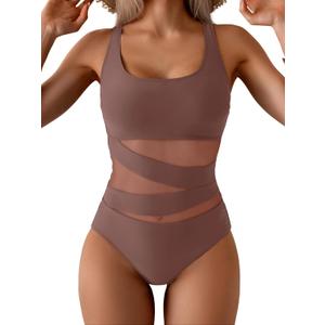 B2prity Women's Mesh One Piece Swimsuit Tummy Control Sexy Bathing Suit Push Up Swim Suit Slimming Swimwear (Medium, Brown)