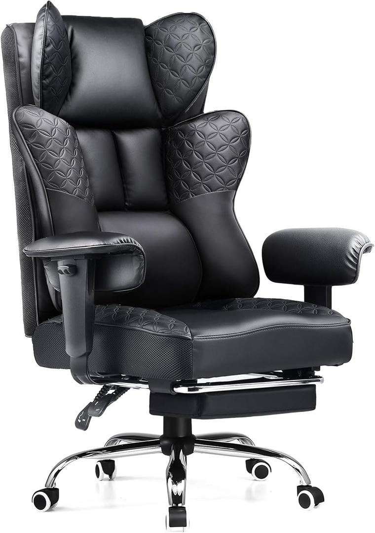 GTPLAYER Big and Tall Office Chair 400LBS Wide Ergonomic Gaming Chair with Deluxe Embossing Designed Leather with Foot Rest,150Reclining Adjustable Soft Armrests Pocket Spring Back Support and Pillow (Pu-coal Black)