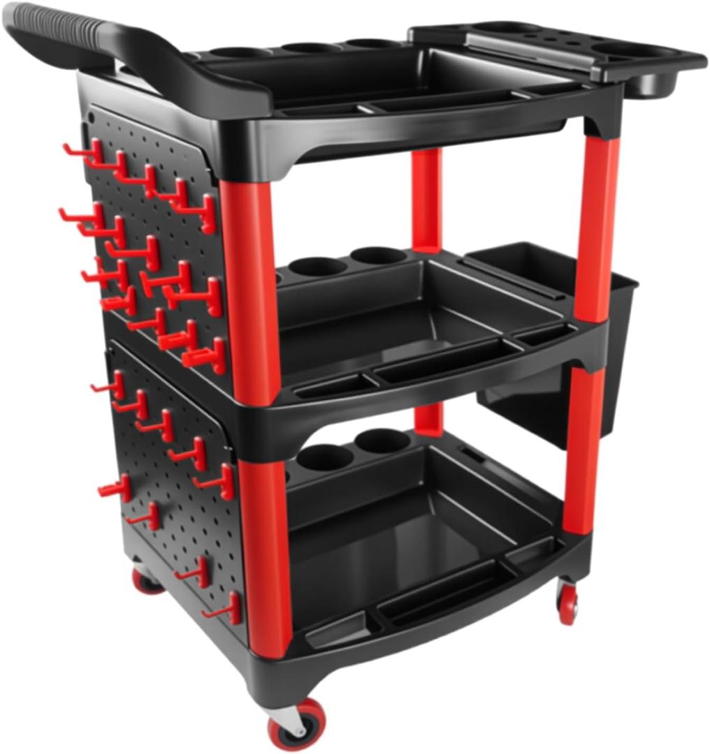 Auto Detailing Cart with Wheels, 3 Tier Rolling Detail Cart with Long Hanging Plate & Hooks & Hanging Bucket & Cat Ear Basket, for Detailers Garage, Workshop, Repair Shop, Storage Tool