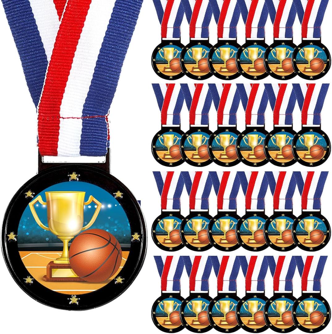 Kenning 24 Pcs Basketball Medals for Kids with Attached Neck Ribbons, Award Medals Metal Trophy Trophies Gift for Sports Themed Party Favors Team Participation(Basketball)
