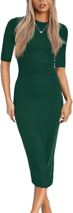 Women's Spring Midi Bodycon Dresses Fall 3/4 Long Sleeve Crewneck Ribbed Knit Fitted Casual Dress, S