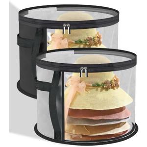 Hat Storage Box Organizer with Clear Window, Round, Set of 2, Black