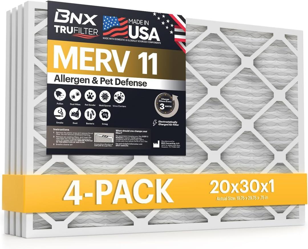 BNX TruFilter 20x30x1 Air Filter MERV 11 (4-Pack) - MADE IN USA - Allergen Defense Electrostatic Pleated Air Conditioner HVAC AC Furnace Filters for Allergies, Dust, Pet, Smoke, Allergy MPR 1200 FPR 7