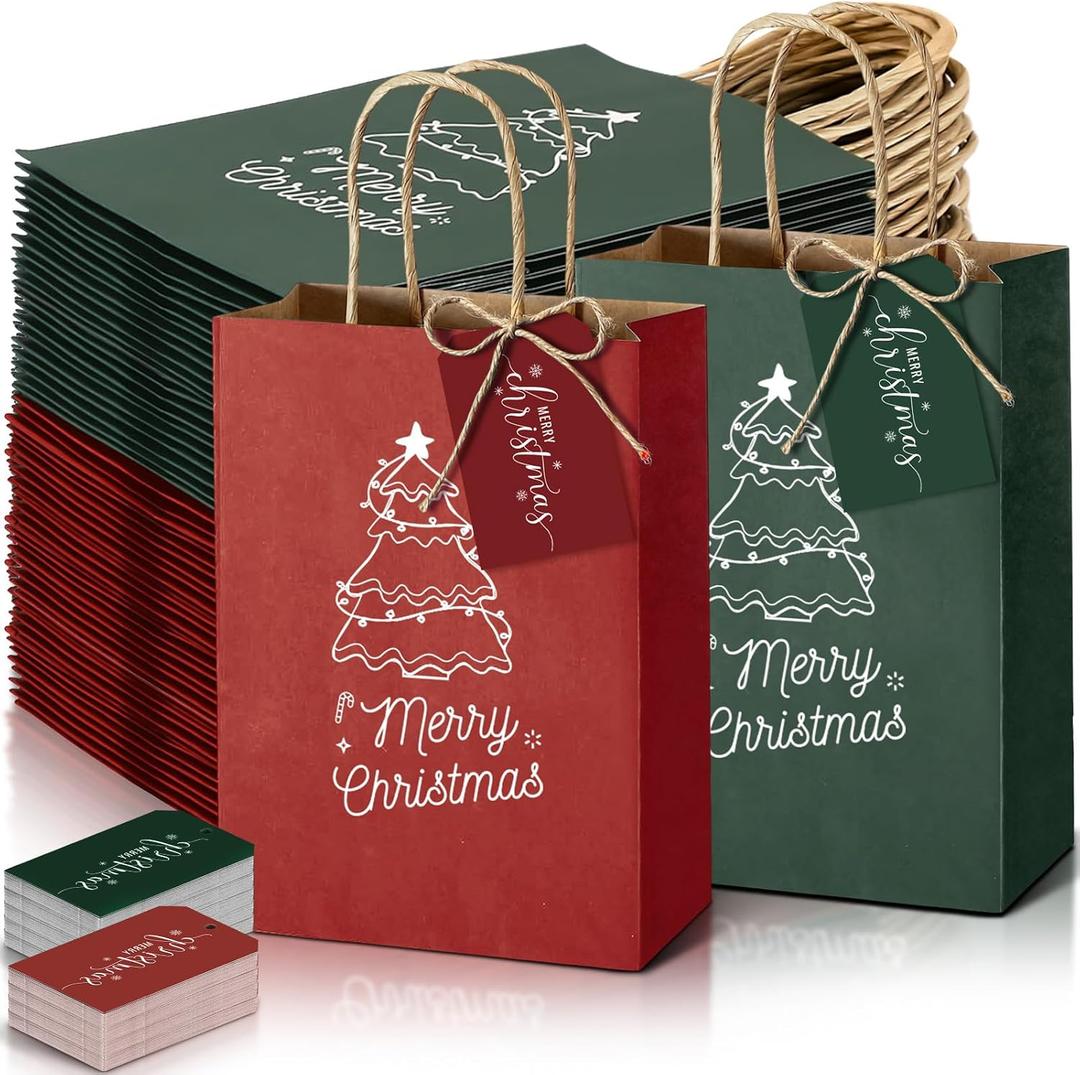 Jaloro 120 Set Christmas Paper Gift Bags with 120 Xmas Gift Tags Red and Green Treat Bags Merry Christmas Favor Goodie Kraft Paper Sack with Handles for Xmas Party Wedding Baby Shower Bridal Shower