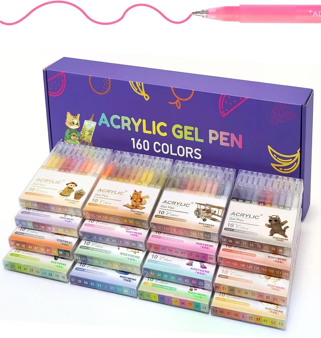 ROSYMENG Acrylic Gel Pens 160 Colors, UltraSmooth 1.0mm Tip with LargeCapacity Ink Pens, MultiSurface Coloring Pens for Journaling, Adults Coloring Books, Rock Painting, School and Art Supplies