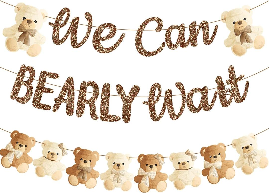 umoni Teddy Bear Banner, We Can Bearly Wait, Brown Glitter, Baby Shower Decorations, Gender Reveal Party Supplies, 19.0x70.0 inches (brown, beige)