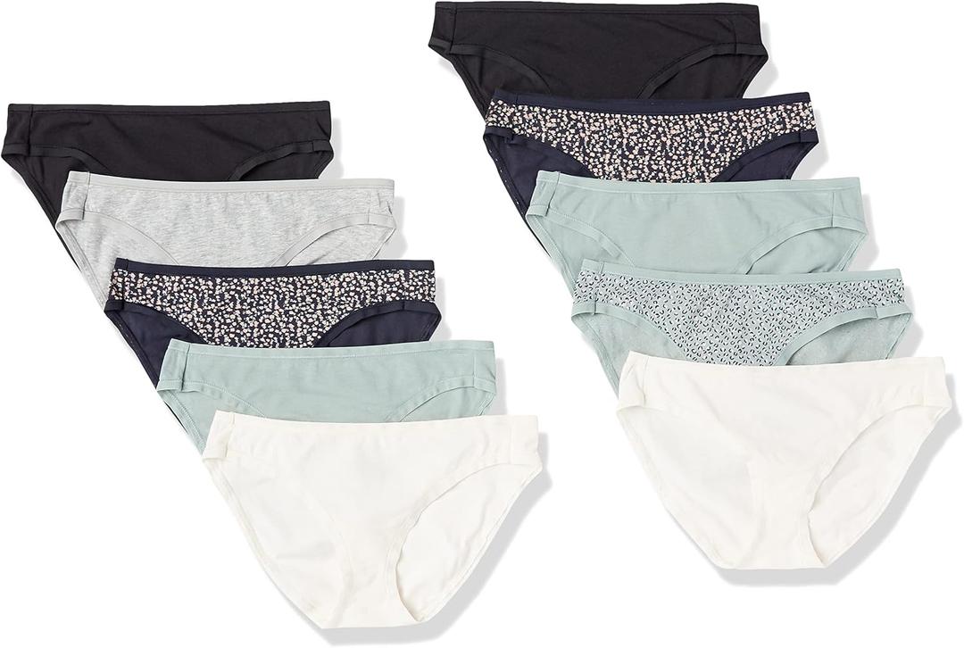 Amazon Essentials Women's Breathable Cotton Bikini Brief Underwear with Full Coverage, Multipacks, 10, Green/Pink/Grey, Small