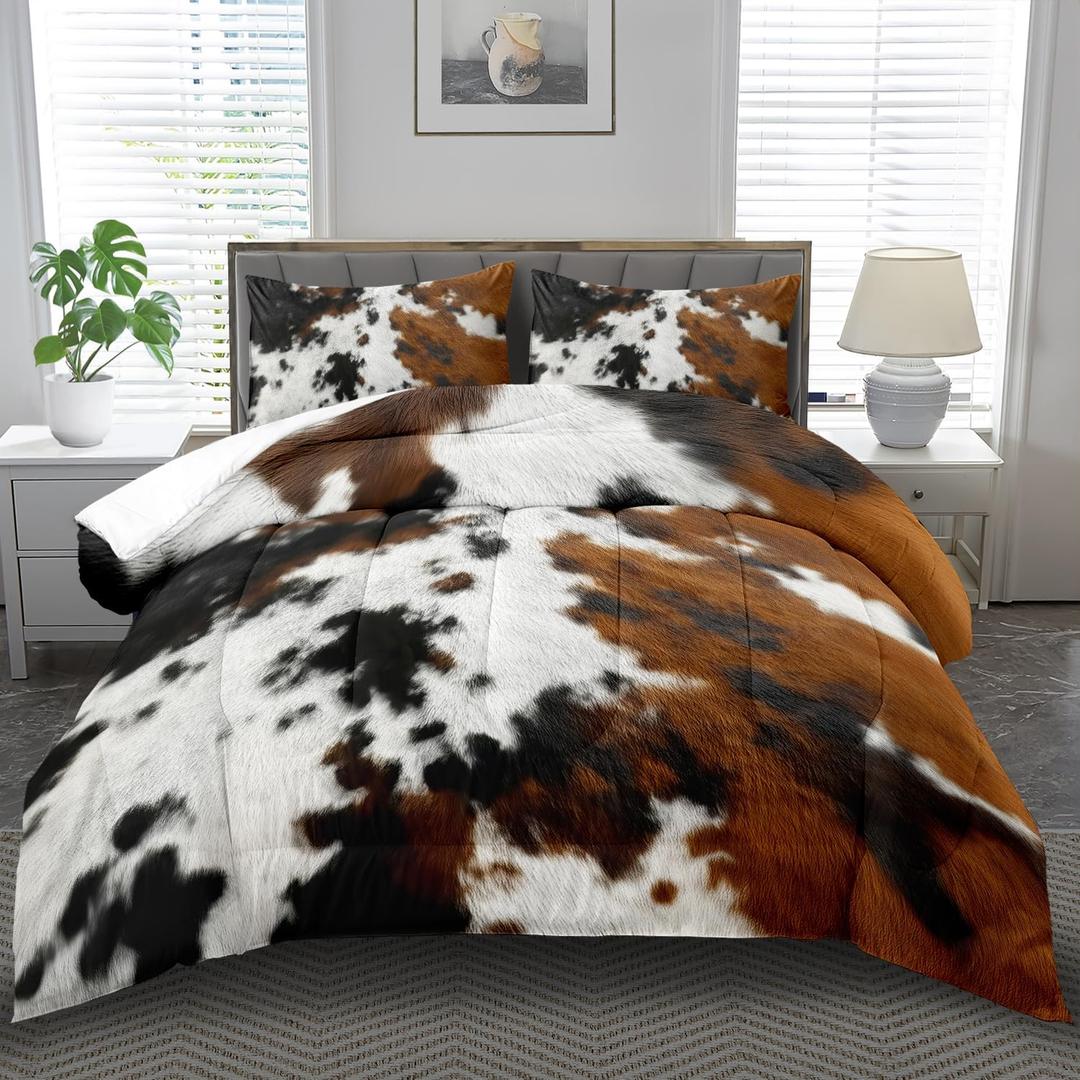 Western Comforter Set Queen,Cow Print Bedding Set Brown,Western Bedding Queen,Farmhouse Quilt for Teen,Black Brown Bedroom Decor Boys,Farmhouse Decor for Bed