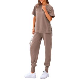 PRETTYGARDEN Women's Summer 2 Piece Outfit Tracksuits Casual Short Sleeve Tops High Waisted Sweatpants Set (Khaki,Medium)