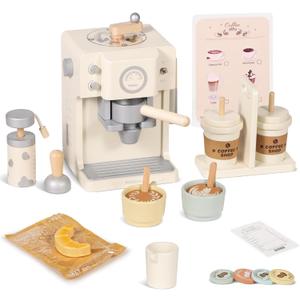 Pithfor Kids Wooden Coffee Playset with Grinder, Toy Coffee Maker for Kids Toddlers, Pretend Play Kitchen Appliances & Accessories Toy Gift for Boys Girls
