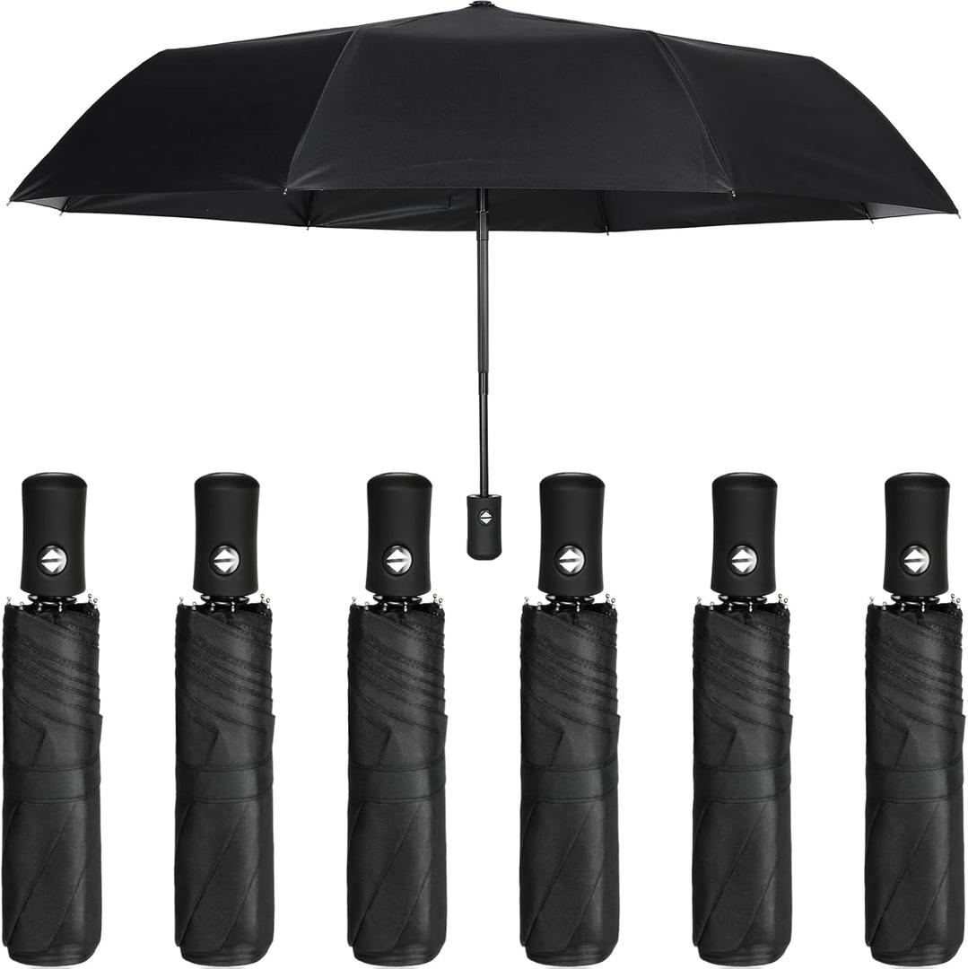 Jexine 6 Pcs Travel Compact Umbrella Automatic Open Close Windproof Small Light Backpack Purse Car Portable Collapsible Umbrella for Rain, Men Women (Black)