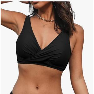 AQUA EVE Women Halter Bikini Tops Push Up Bathing Suit Top V Neck Full Coverage Swimsuit Top Only, M