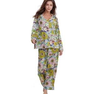 Womens Silk Satin Pajamas Set Button Down 2 Piece Pjs Long Sleeve Oversized Sleepwear with Pockets (Large, Yellow Chrysanthemum)