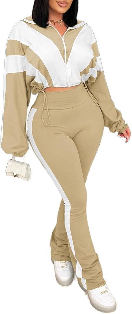 Vssjavun Women 2 Piece Outfit Color Block Long Sleeve Zip Drawstring Cropped Jacket Bodycon Long Pants Set Sweatsuit (Beige, XL)