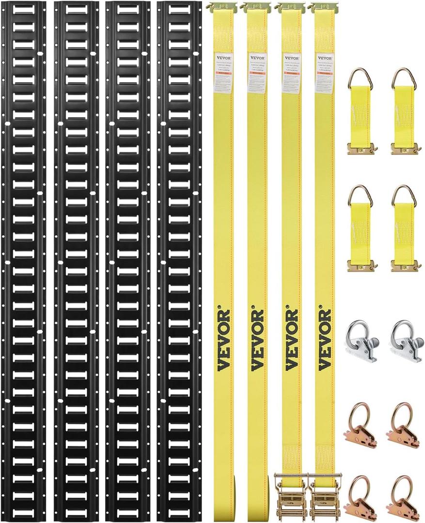 VEVOR E-Track Tie-Down Rail Kit, 5' E Tracks Set, 16Pcs Includes 4 Steel Rails & 2 Single Slots & 6 O-Rings & 4 Tie-Offs w/D-Ring & 2 Ratchet Straps, Cargo Motorcycles Bikes Securing Accessories